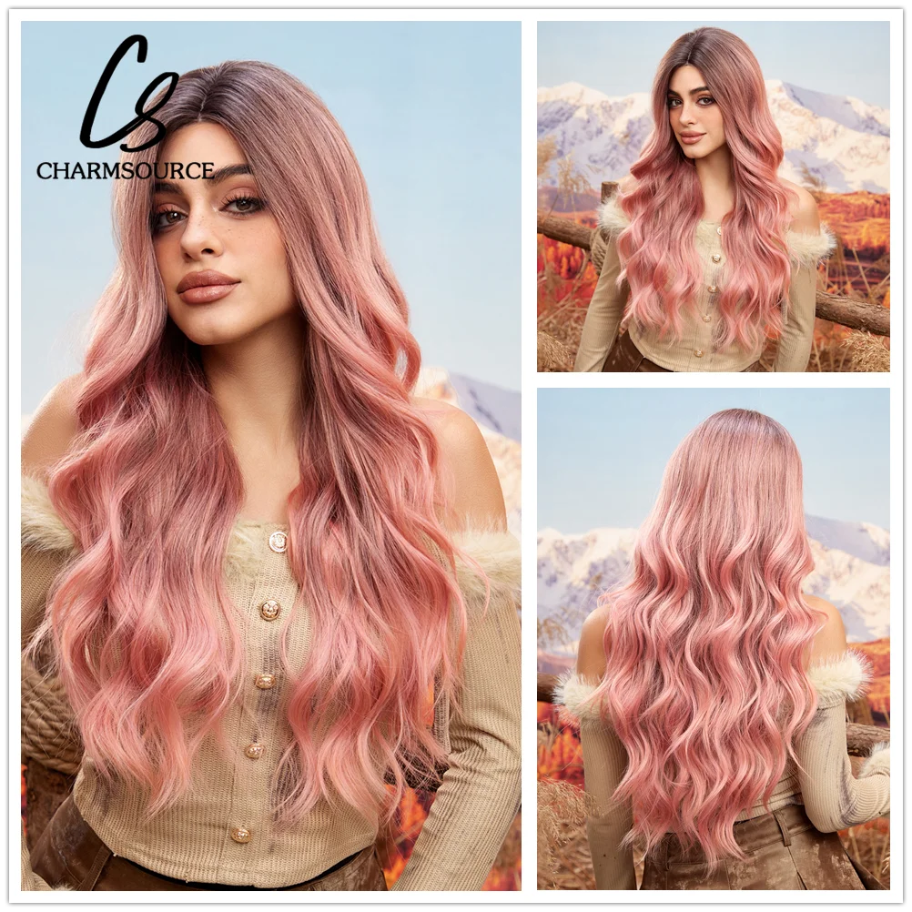 CharmSource Hairline Lace Wigs Ombre Pink Syntetyczne długie faliste peruki z kręconymi włosami z ciemnym korzeniem dla kobiet Cosplay Peruka z