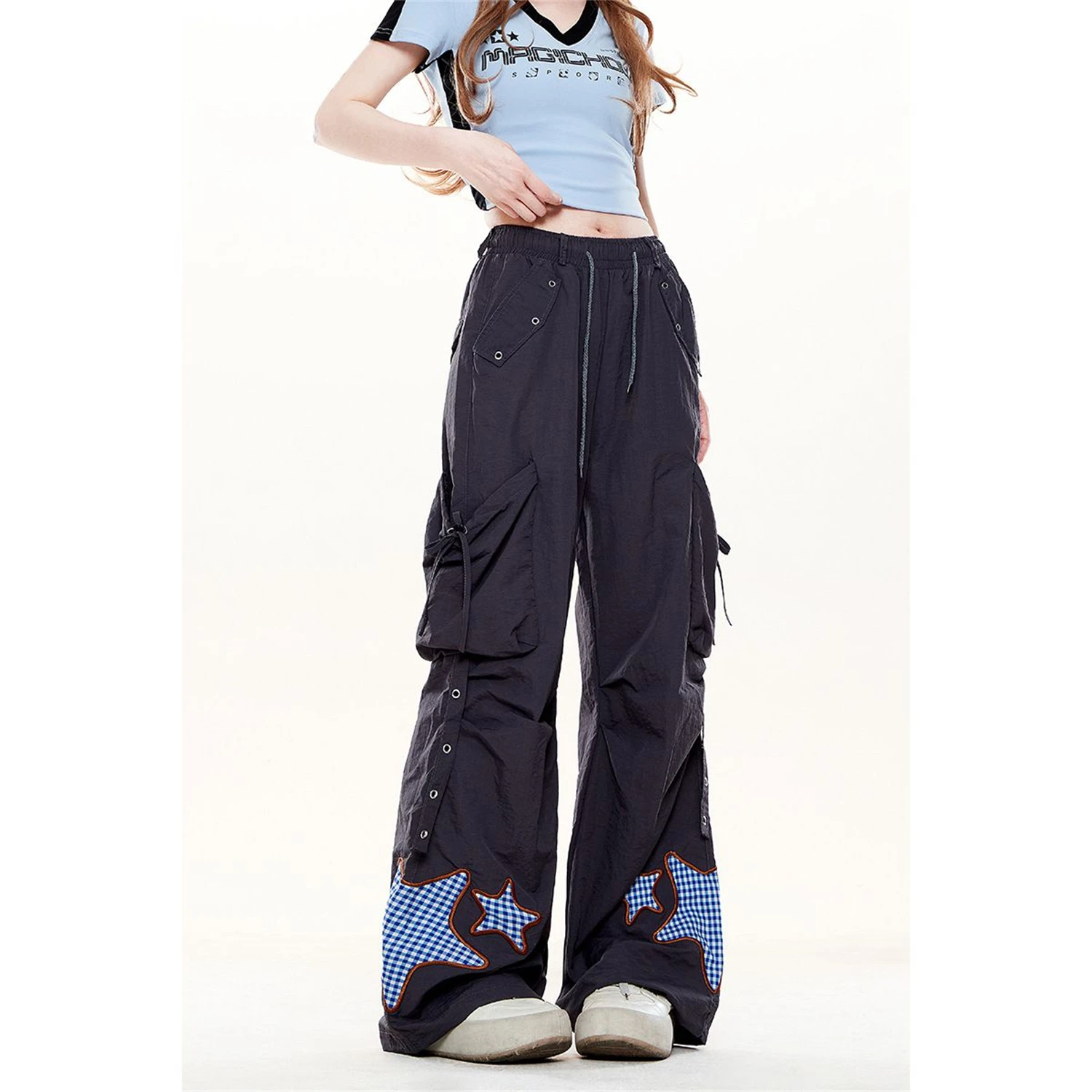 Women's Wide Leg Cargo Pants Fashion Star Gingham Patch Multiple Pockets Drawstring High Waist Y2K Casual Streetwear Trousers