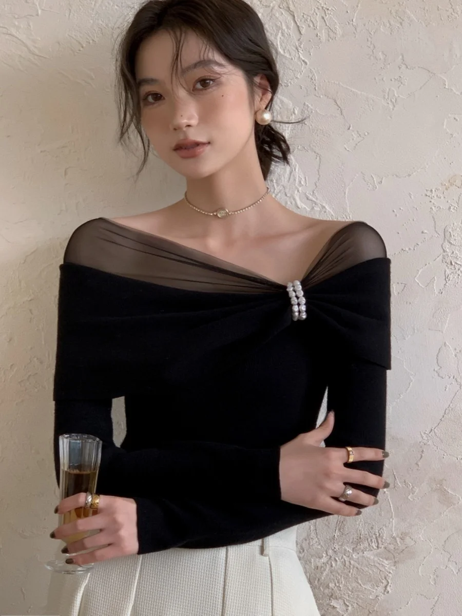 

LELART Sexy One-oulder Pearl Knitwear ort Sve Me Splice Top Commute Sle Pure Desire Netting Splice Pure Color Knit...