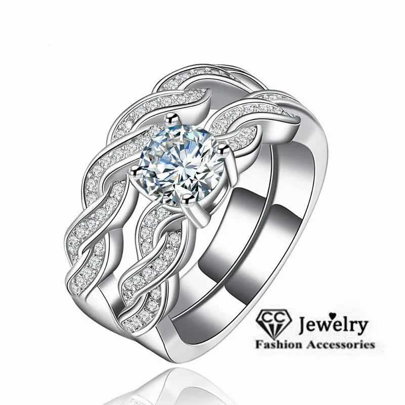 Bridal Sets Wedding Rings 2 Pieces Fashion Accessories For Women CZ Couple Jewelry White Gold Plated Aneis Feminino CC127