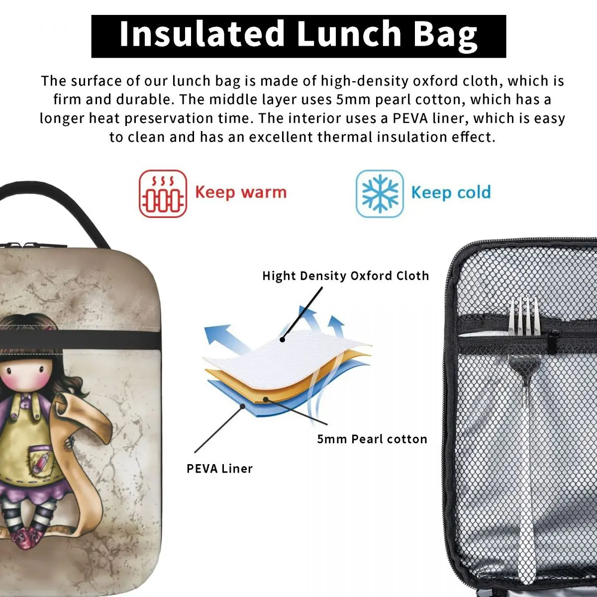 Santoro Gorjuss Doll Insulated Lunch Bags Cooler Bag Reusable Lunch Container Art Cute High Capacity Lunch Box Tote Men Women