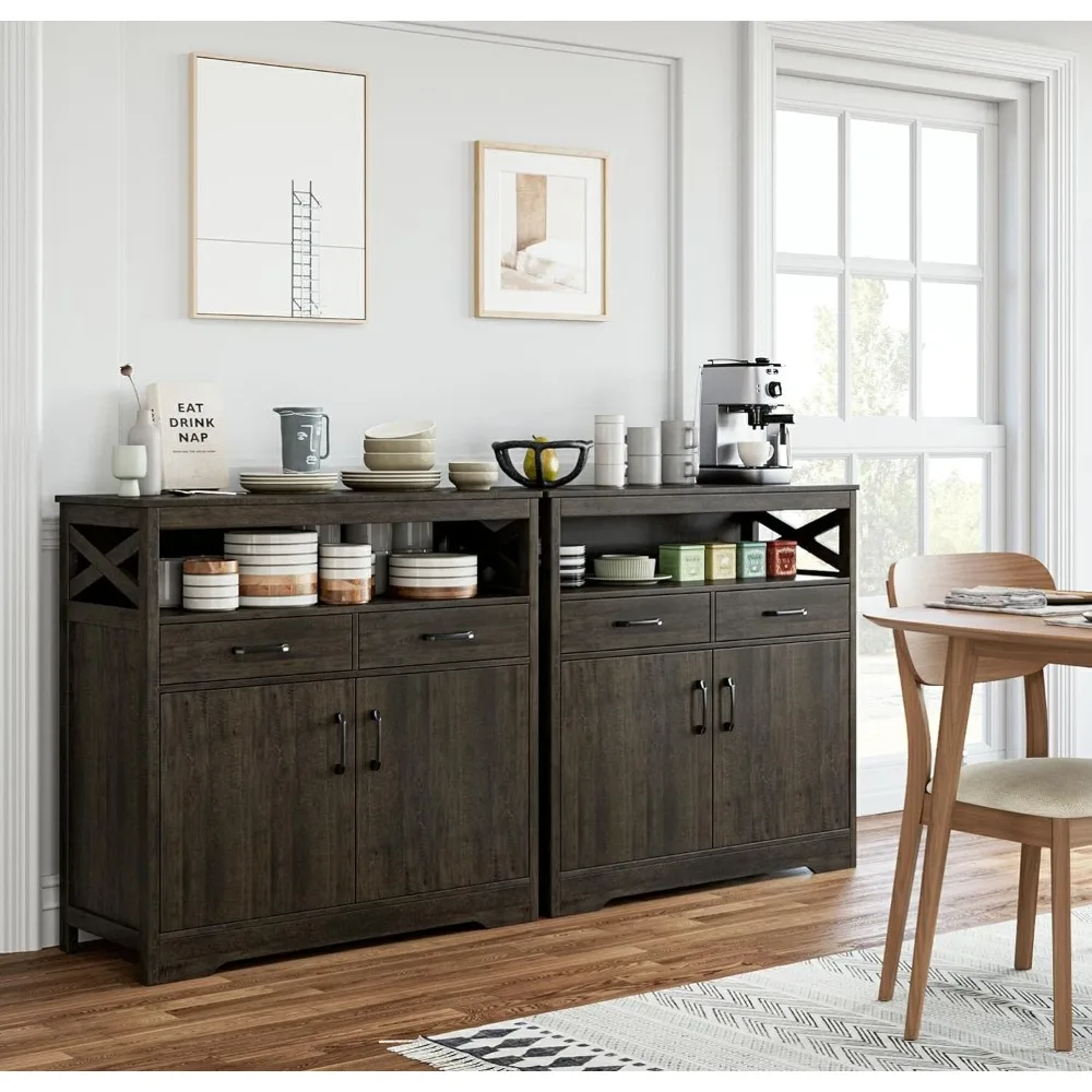 HOSTACK Modern Farmhouse Buffet Sideboard, Kitchen Storage Cabinet with Shelves and Doors, Wood Buffet Cabinet with Drawers