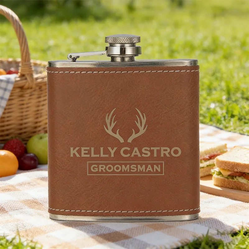 Custom Hip Flasks for Men with Black Leather Cover, Personalized Stainless Steel Wine Bottle for Men Gifts 8Oz