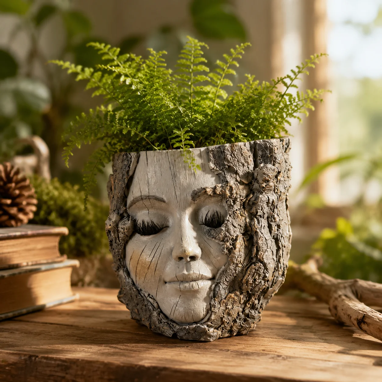 Resin Face Planter Pot Tree Bark Texture Sculpture Flower Pot for Succulent Plants Indoor Garden Home Decor