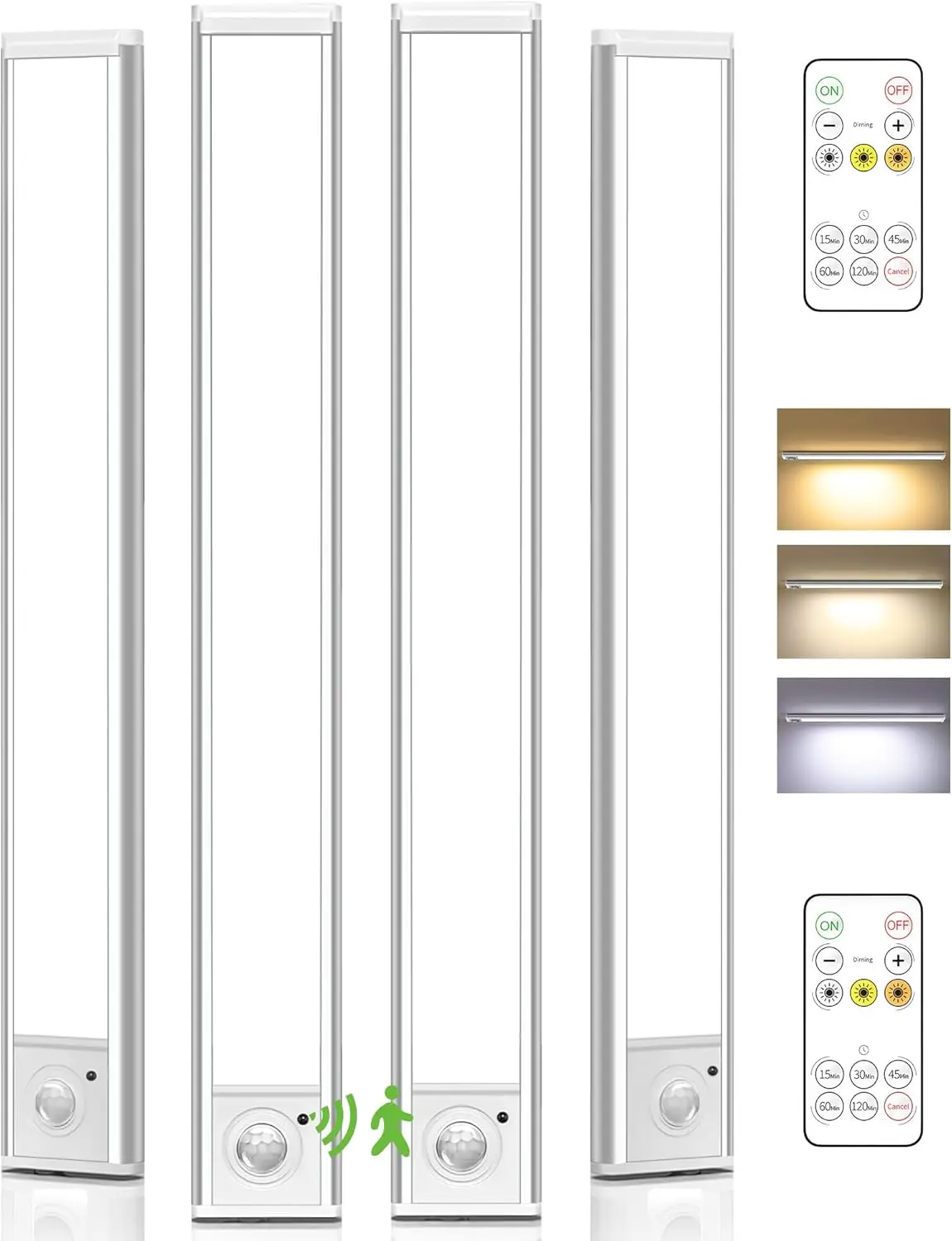 

Набор из 4 перезаряжаемых светодиодных фонарей с датчиком движения, трехцветные светильники с регулируемой яркостью для кухни под шкафом