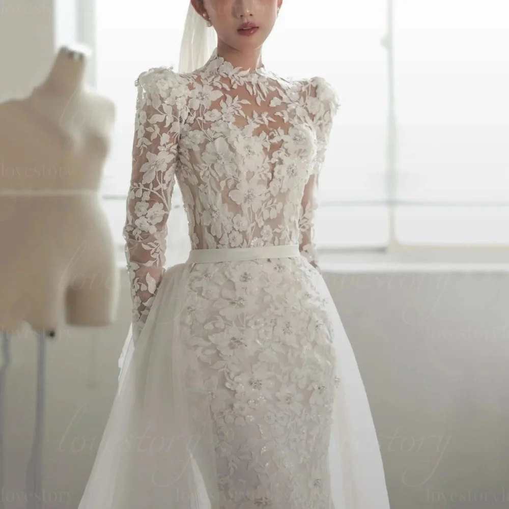 Luxury Lace Wedding Dresses Customized Long Sleeves Modern Bridal Gowns Appliques Mermaid Bride Robes vestido de novia