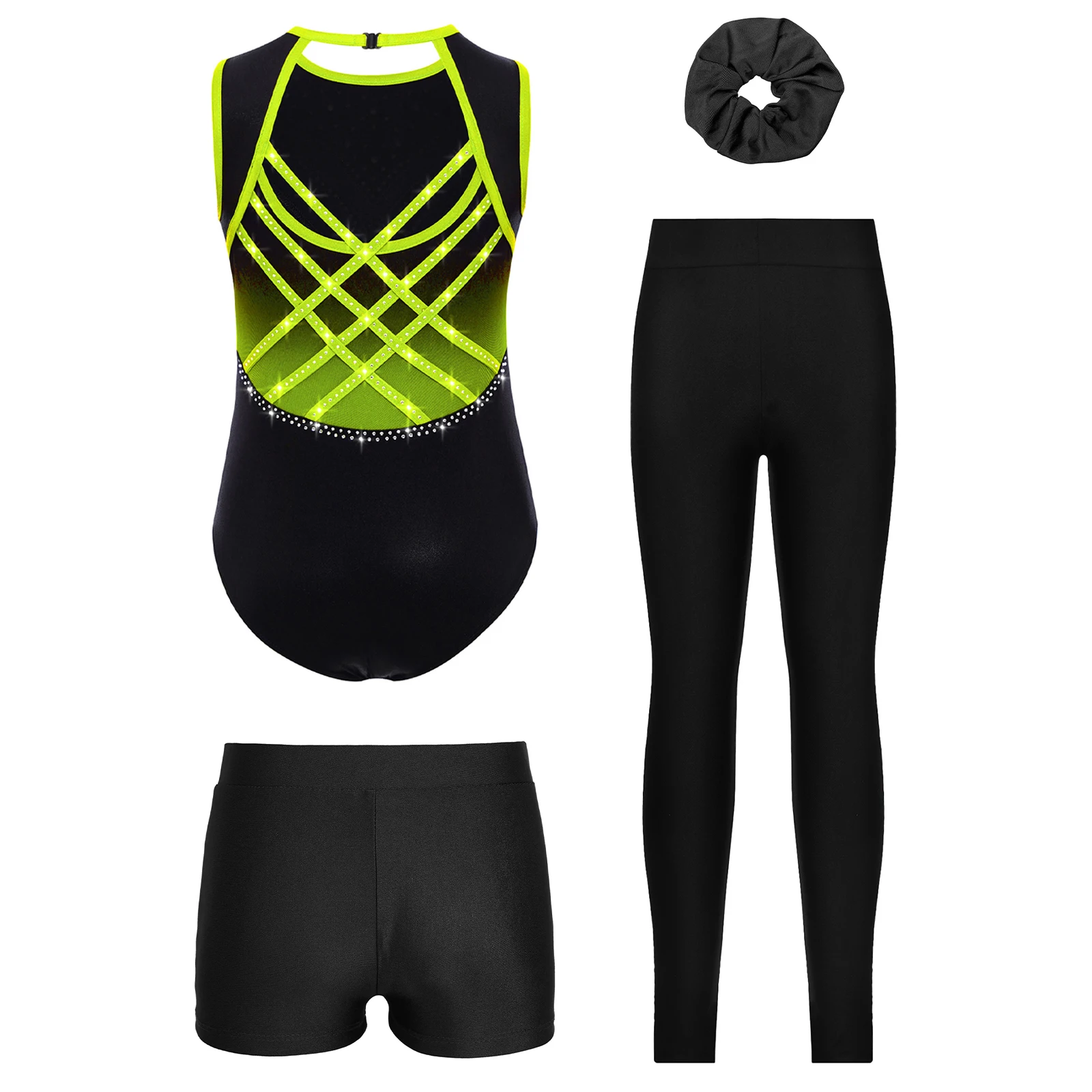 4Pcs Girls Gymnastics Figure Skating Dance Bodysuit Shiny Rhinestones Metallic Crisscross Back Leotard+Shorts+Leggings+Headwear
