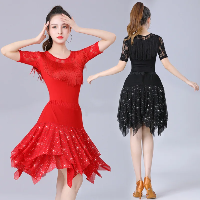 

Adult Women's Square Dance Latin Dance Skirt Set Tassel Top Large Swing Skirt Cetition Performance Costume New Sle