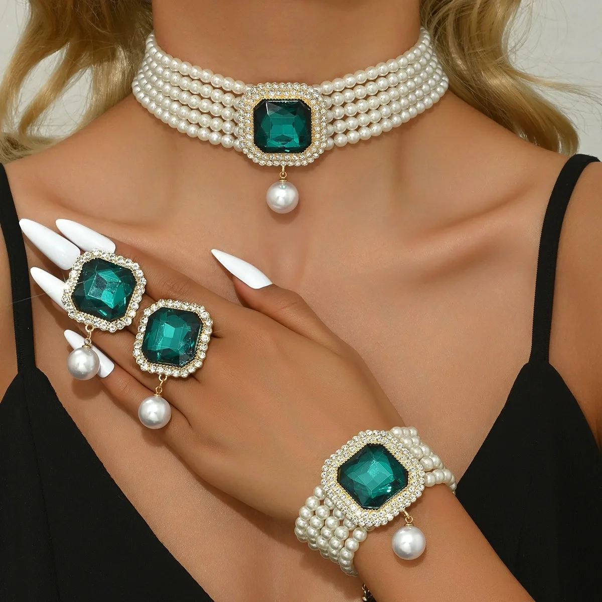 KMVEXO Elegant Crystal Square Imitation Pearl Necklace Bracelet Stud Earrings Set for Women Choker Jewelry Sets Lady Party Gift