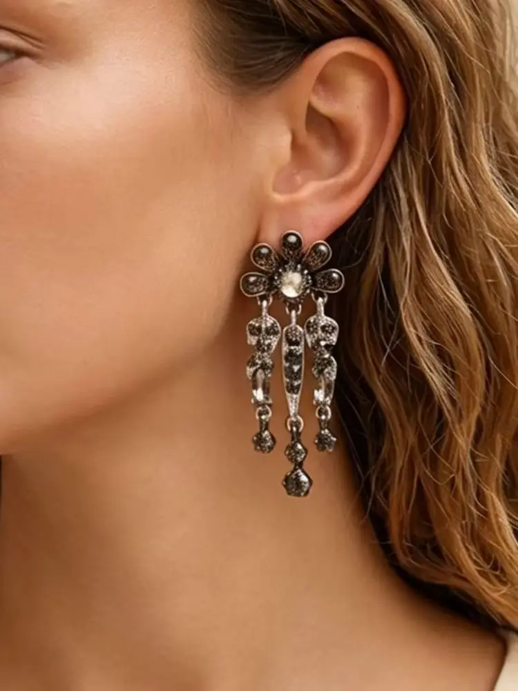 Vintage Schwarze Kristall-Strass-Quasten-Ohrringe für Damen, Gotischer Abendparty-Schmuck, Statement-Geschenke – Detail 2