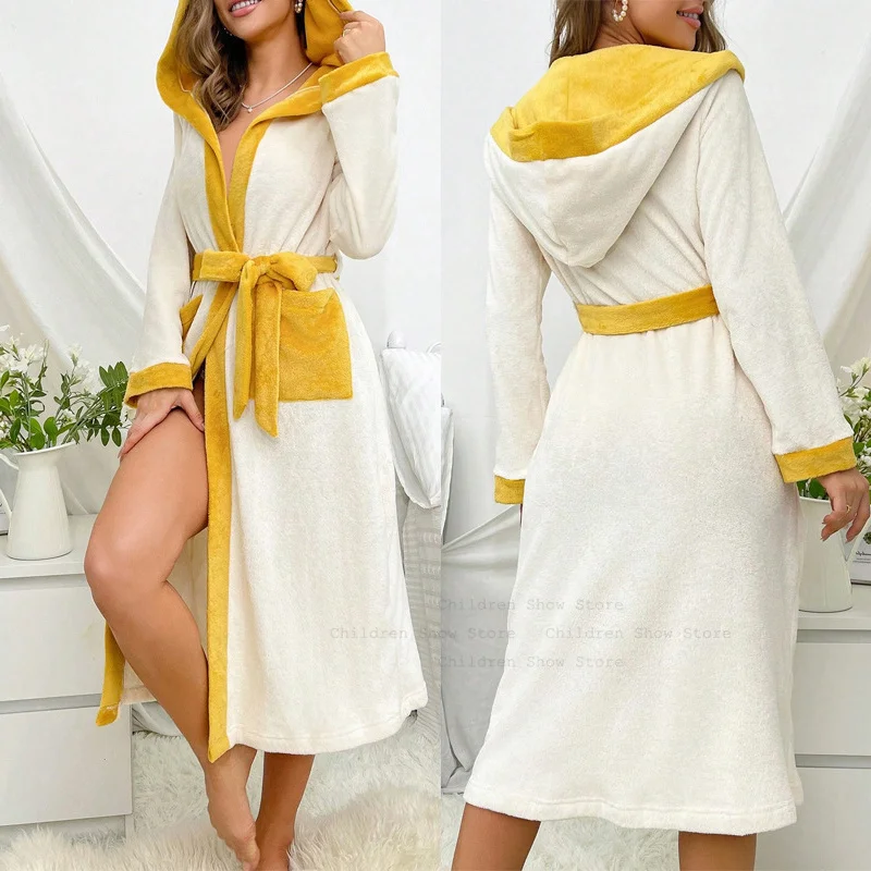 

Contrast Color Kimono Autumn Winter Robe for Women Warm Coral Fleece Bathrobe Gown Hooded Nightwear Sexy Intimate Lingerie