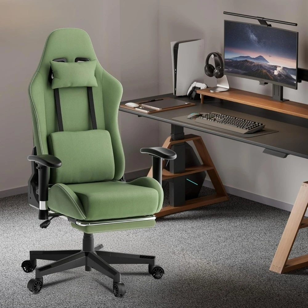 

Gaming Chair with Massage and Lumbar Support, Breathable Fabric, Footrest, and High Backrest for Reclining