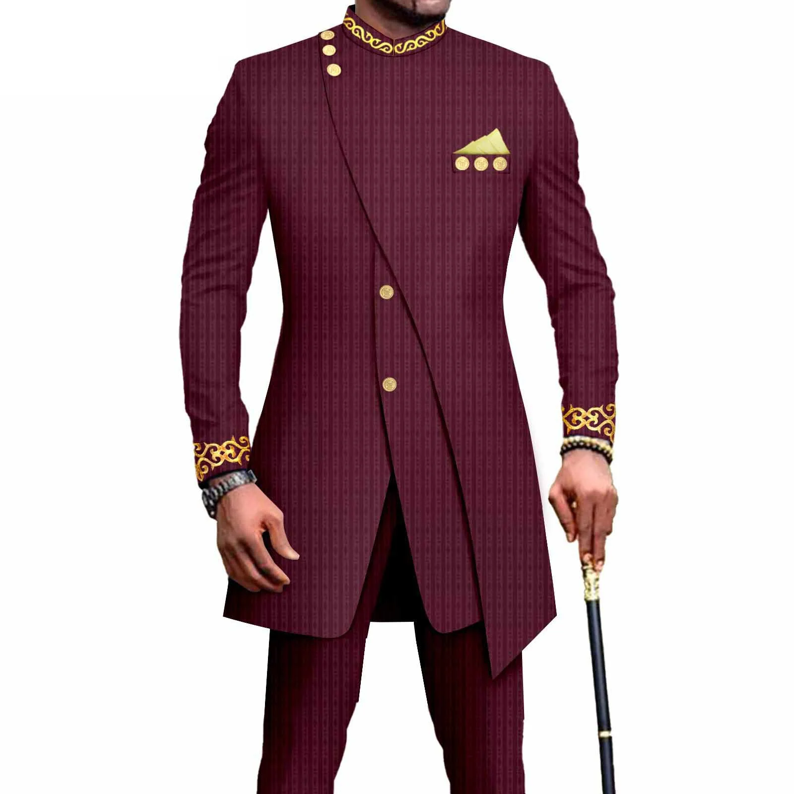 African Suits for Men Outfits Embroidery Print Blazer and Pants Set Business Dress Suit with Kerchief Party Wedding Evening