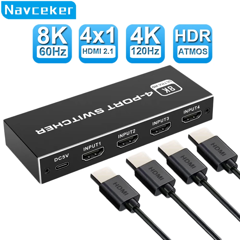 2023 Switcher HDMI 2.1-compatible 4K 120Hz 4 in 1 out 2 in 1 out 8K 60Hz Switch Splitter adapter IR Remote For PS5 PS4 Projector