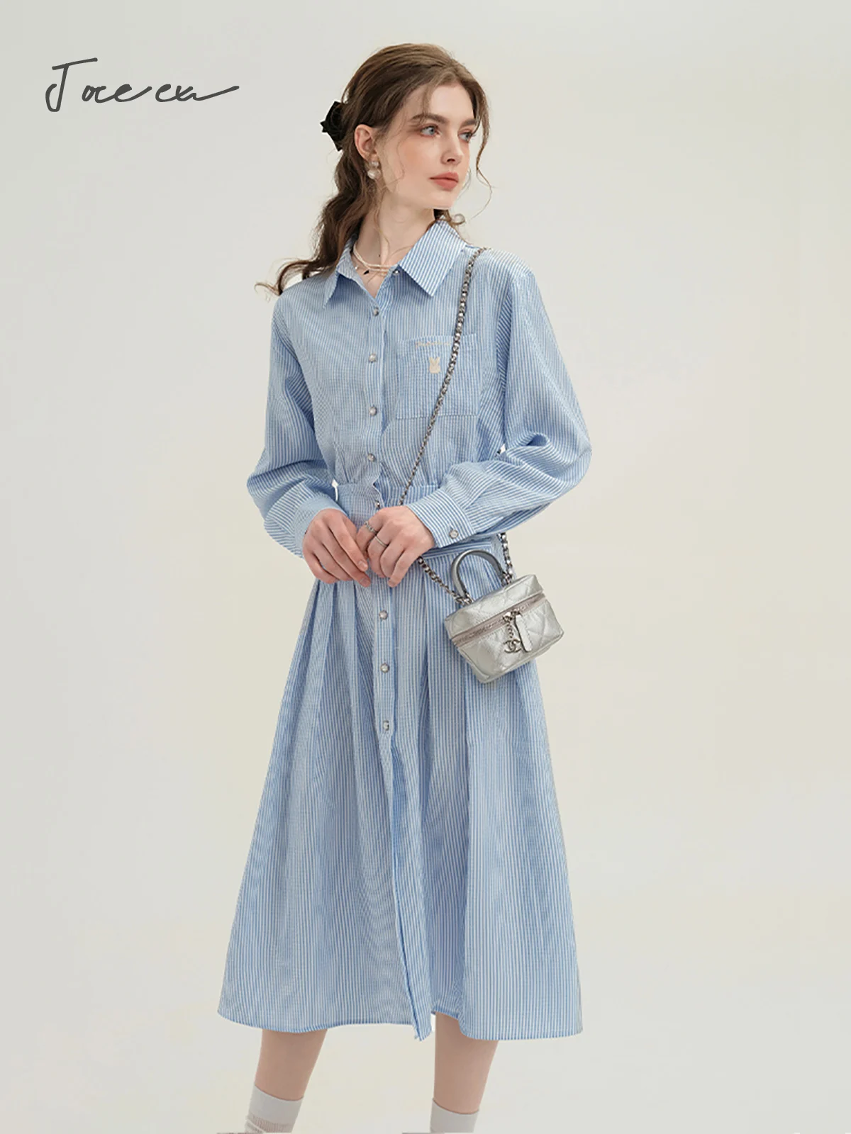 JOREEU Blue Striped Long Sleeve Shirt Dress for Women 2024 Spring Frenchy Fashion Lapel Button Down Fitted Midi Dress T01206