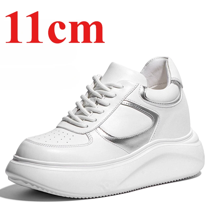 11cm Invisible Height-increasing Shoes for Women's 9cm Elevator Shoes Comfortable Genuine Leather Thick Soled White Casual Shoes