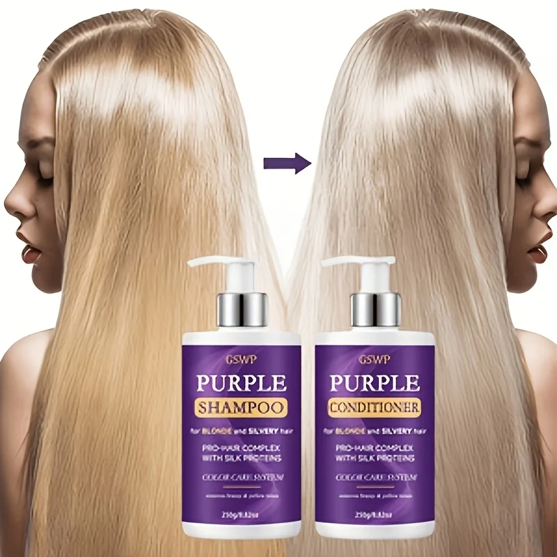 Set de champú y acondicionador morado GSWP, elimina los tonos amarillos y acobreados, reduce el encrespamiento y las puntas abiertas, limpia y humecta profundamente. 500g
