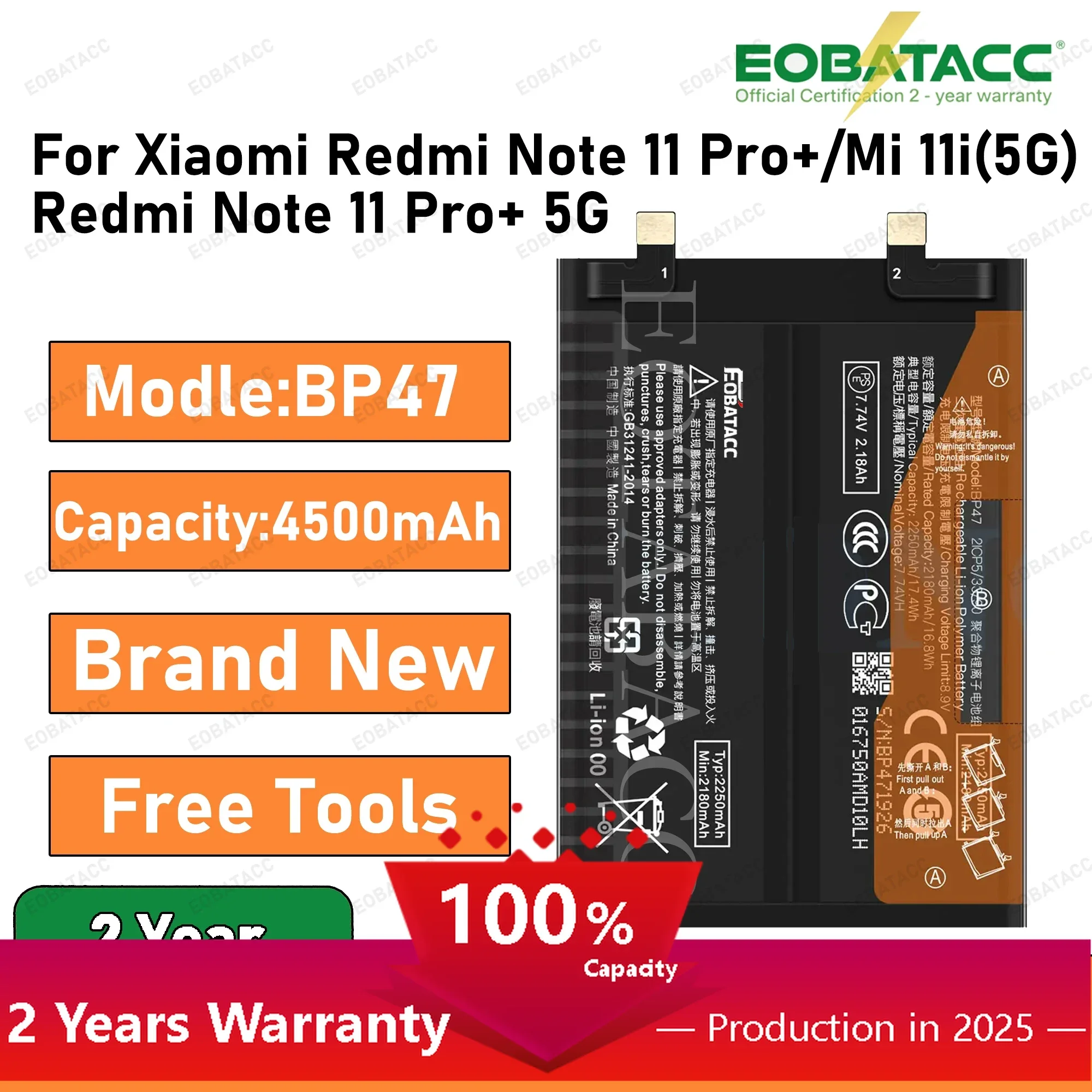 

2025 Years EOBATACC 100% New BP47 Battery For Xiaomi Redmi Note 11 Pro+ / Redmi Note 11 Plus 4500mAh Phone Battery Bateria + Fre
