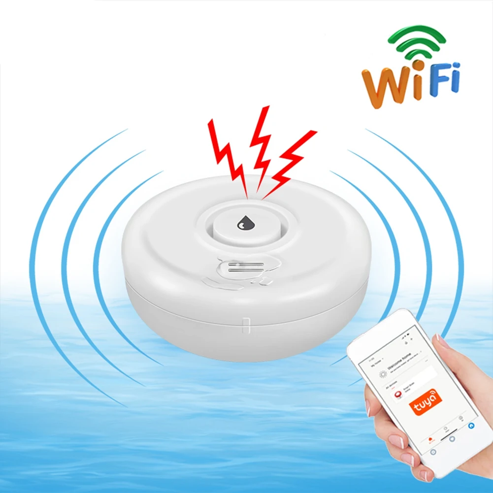 

Подходит Tuya Wi-Fi Датчик наводнения Приложение Smart Life Датчик утечки воды Обнаружение громкой звуковой сигнализации Применение оповещения