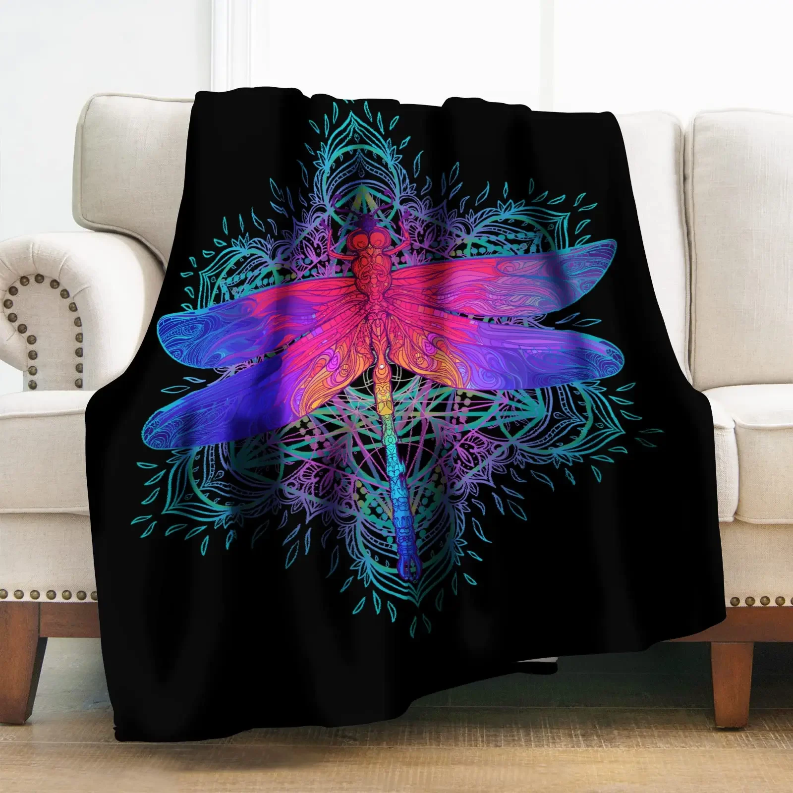 Dragonfly Pattern Flannel Throw Blanket Gifts Boys Girls Decor for Home Bedroom Living Room Sofa Soft Warm Lightweight King Size