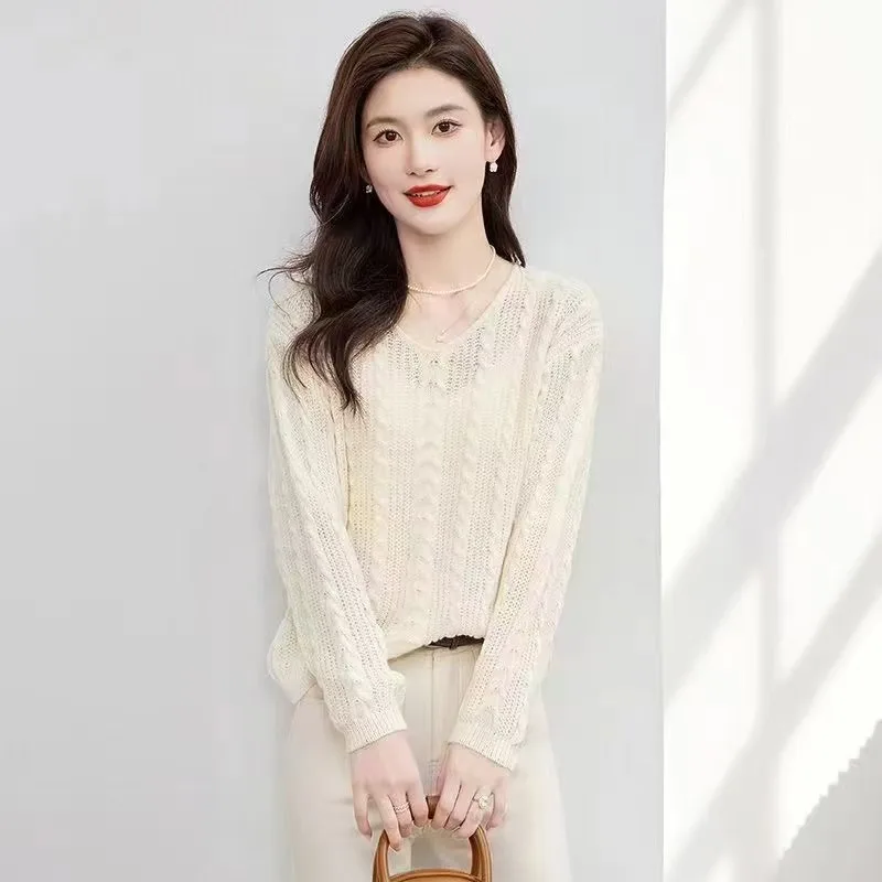 

Женская одежда, модные универсальные вязаные пуловеры с вырезами, весна-осень, новые элегантные свободные тонкие свитера с v-образным вырезом, женские шикарные топы