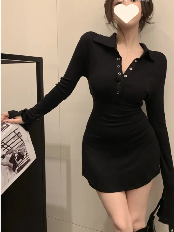 Spicy Girl Polo T-shirt Fashion Dress Women's Autumn Short Skirt Long sleeved Sexy Solid Color Tight Fit Wrapped Hip Skirt V553