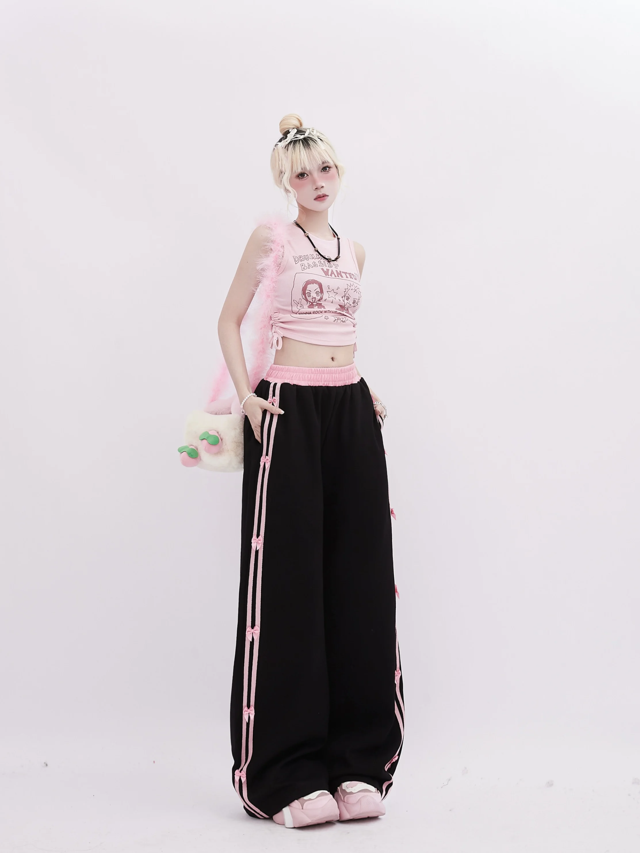 Women\'s Black Gothic Striped Pants Harajuku Streetwear Sweatpants Jogger Y2k 2000s Aesthetic Bow Pants Vintage Trousers Clothes