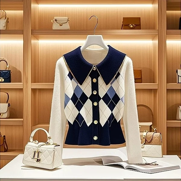 

Корейский синий вязаный кардиган с лацканами Argyle, женский новый роскошный облегающий теплый пуловер с длинными рукавами, осенний свитер