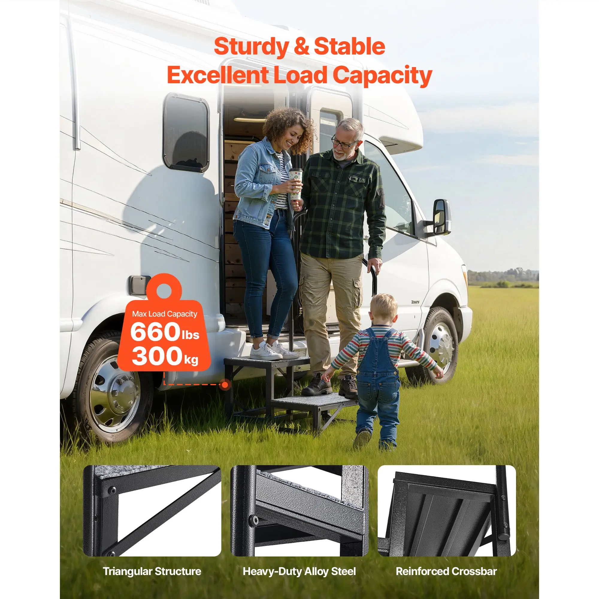 Heavy Duty 2-Step RV Stairs with Handrail 660 Lbs Load Capacity Non-Slip Outdoor Mat for Elderly & Pets Assistive Device