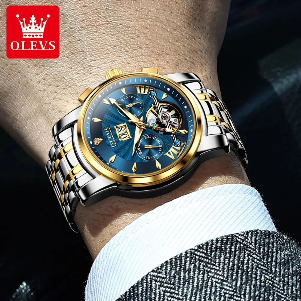 OLEVS Automatic Watch for Men Top Original Luxury Skeleton Flywheel Mechanical Wristwatches Classic Calendar Business Man Watch