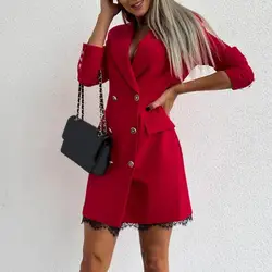 Vestido de traje de Blazer de manga larga para mujer, cuello de pico cruzado, cuello vuelto, Mini vestido Sexy, Blazer sólido, vestido de fiesta de oficina, moda