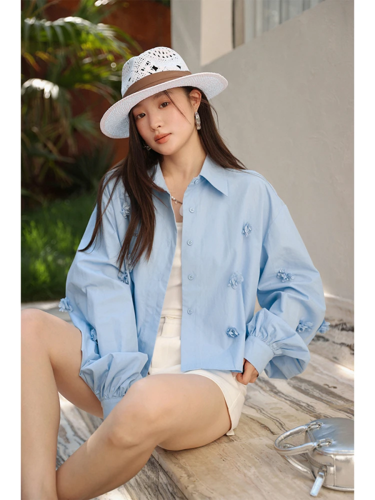 

Summer New Sle Small ort Pearl Embellied Floral irt Women's Turn-down Collar Cotton Blend Casual Busin irt