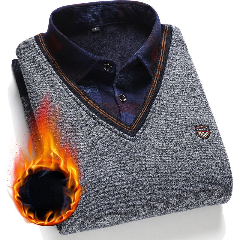SHiONFA Herbst Winter Herren Langarm Pullover Shirts Gefälschte Zwei Stücke Pullover Fleece Dickes Hemd Gestrickte Casual Kleidung 4XL – Detail 17