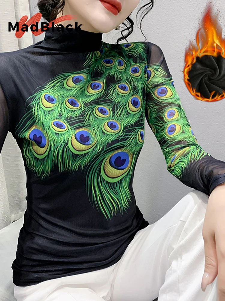 

MadBlack-Women's European Fleece T-Shirt, Sexy Turtleneck Printed, Fashion Long Sleeve Slim S-3XL Tee, 2025 Autumn New T5N206CC