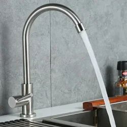 1 Pcs Kitchen Faucet 304 Stainless Steel Water Purifier Single Cold Water Lever Hole Tap Silver 360° Rotation Elbow Sink Tap