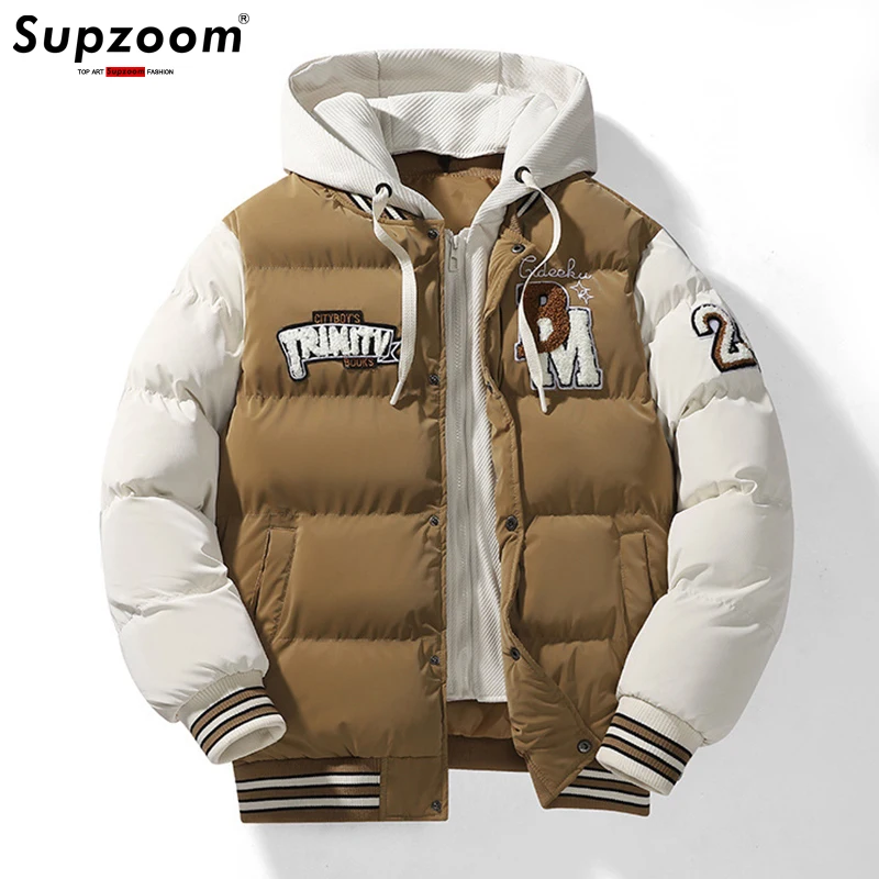 Supzoom New Arrival Casual Embroidery Mens Winter Trendy Fake Two-piece Hooded Bread Suit Couple Cotton-padded Jackets And Coats