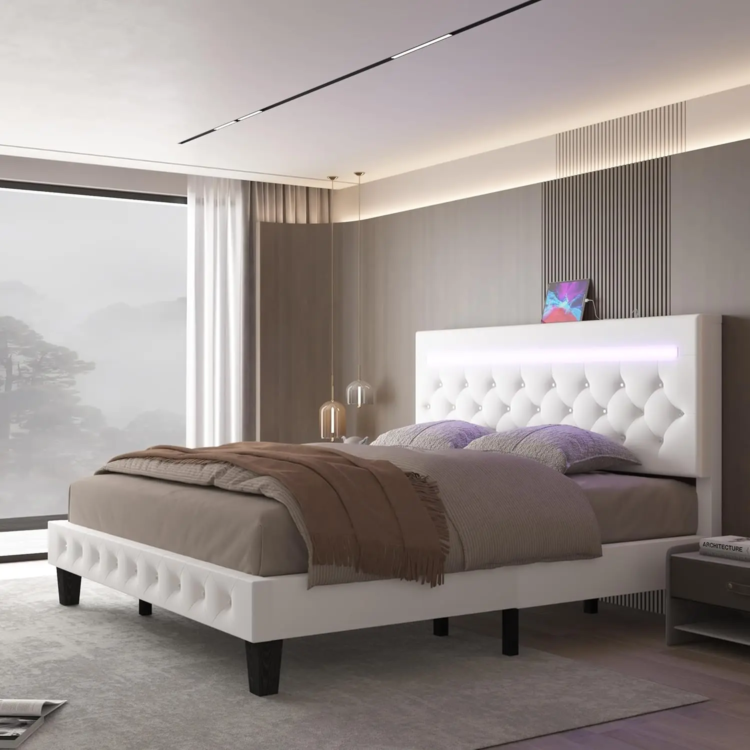 Marco de cama con luz LED, plataforma de cuero, marco de cama con cabecero tapizado ajustable, más de 60000 colores, Control por aplicación, luz LED