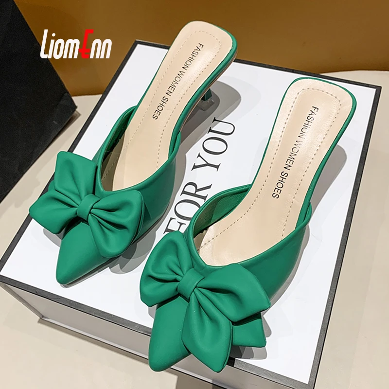 Summer Bow Thin Heel Mules Shoes Women 2024 Street Green Heeled Slippers Women Sandals Korean Sexy Elegant Pointed Toe Chic Shoe