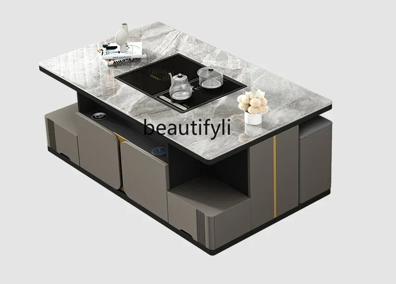 

Fully automatic lifting rock plate kung fu tea table tea brewing all-in-one light luxury modern multi-function smart tea table