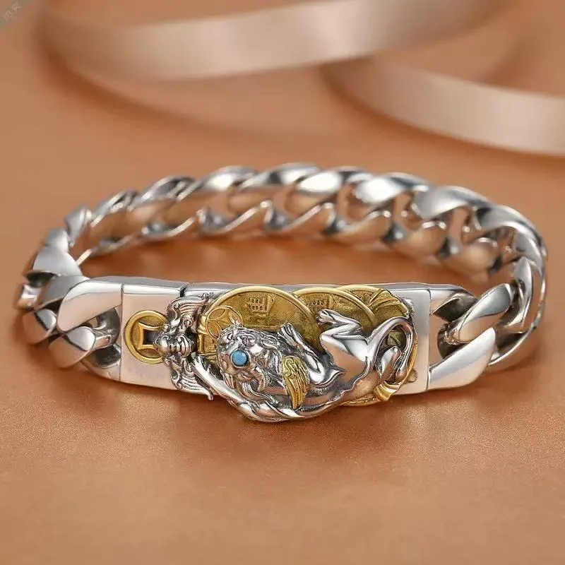 Retro Chinese Style Pixiu Coin Bracelet For Men, Unique Luxury Zodiac Year Trendy Domineering Creative Wrist Jewelry