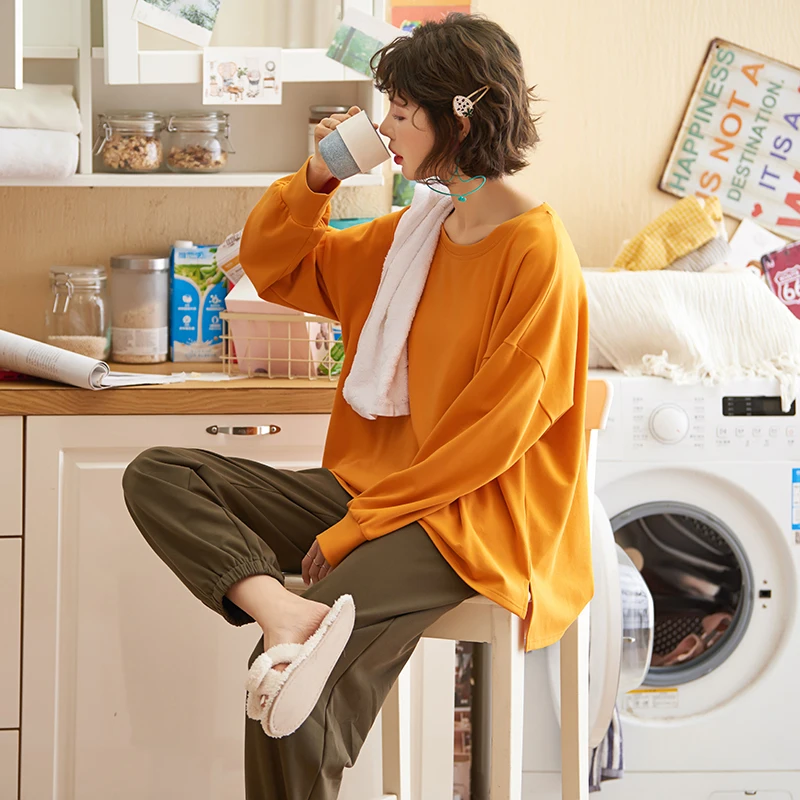 Pajama women's set, spring and autumn long sleeved pullover, combed cotton, sweet cartoon, simple and cute leggings, home wear