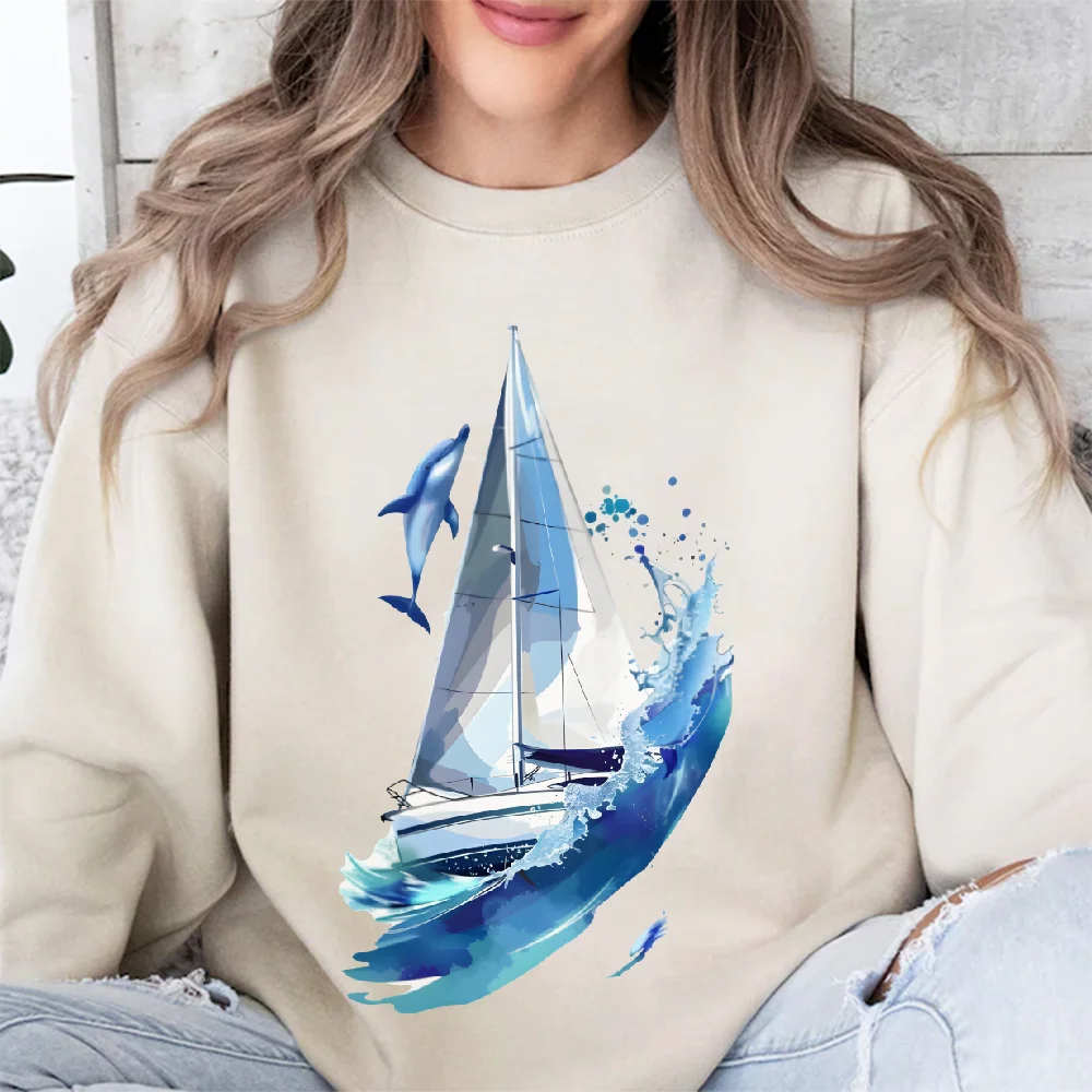 Nautical Elementsoversized Women's Y2k Hoodie Hand Painted Korean Style Graphic Sweatshirt Cozy Fleece Warm Fall Winter 2025