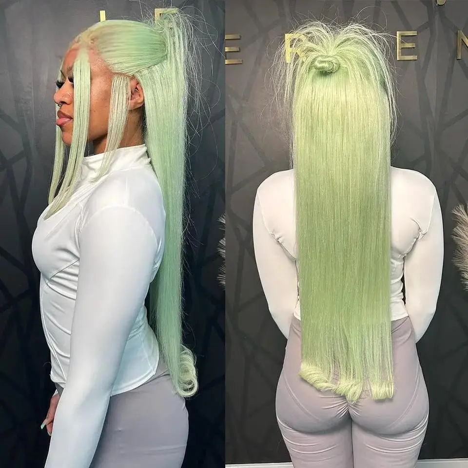 

Straight Light Mint Green 13x4 Lace Front Human Hair Wig Pre Plucked 613 Colored Straight Transparent Lace Frontal Wig For Women