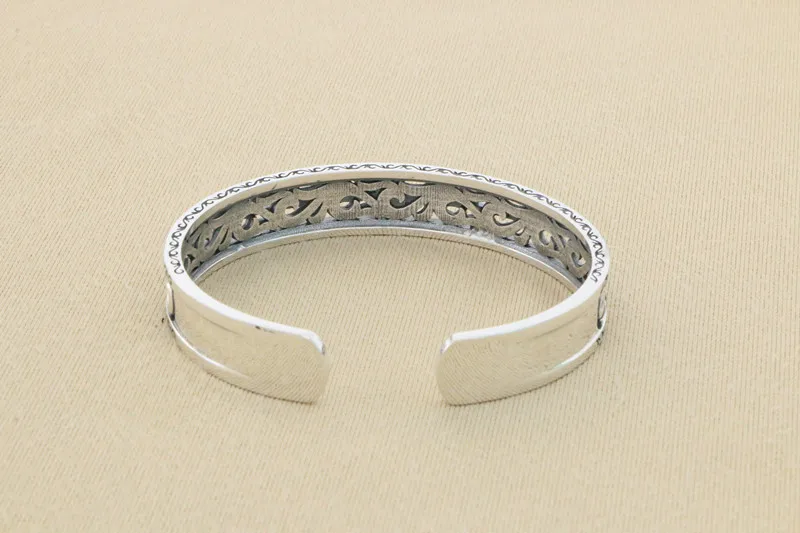 Exotic S925 Silver Bracelet Retro Worn Open Silver Bracelet Art and Fashion Tang Grass Wave Pattern Men's and Women's Bracelet