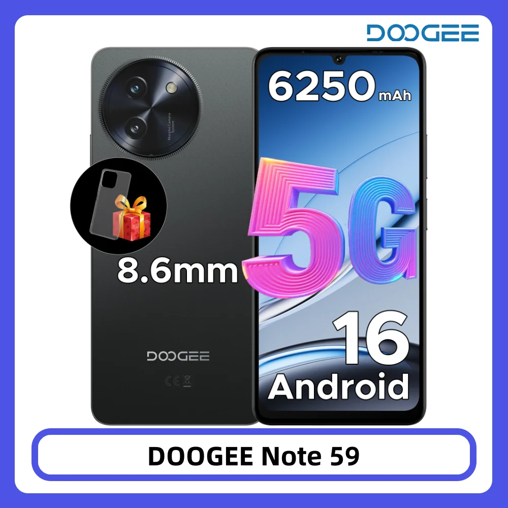 DOOGEE Note 59 5G Smartphone 32GB 128GB 6250mAh Großer Akku 6,75" 120Hz Unisoc T8200 Widevine L1 NFC Android 15 Mobiltelefon