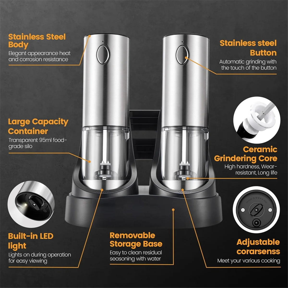 Electric Salt and Pepper Grinder Set - Automatic Rechargeable Salt/Pepper Grinder with Charging Base and LED Light