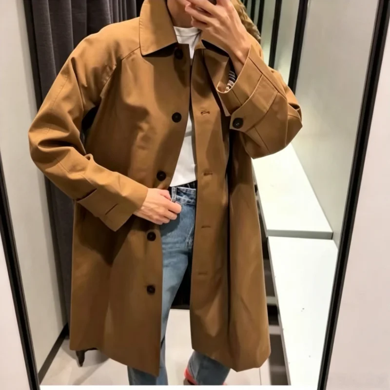 Women Lapel Long Overcoat Single-Breasted Pocket Design Slim Lady Autumn Solid Casual Loose Street Style Trench Coat 2026 Trend
