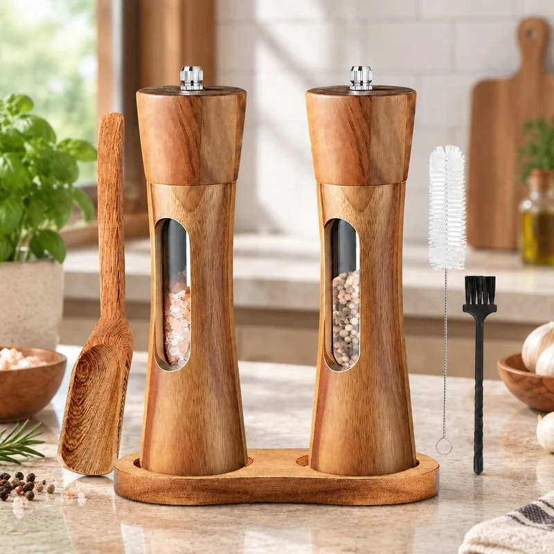 8-Inch Handheld Wooden Pepper and Salt Mill Set Featuring Ceramic Grinder, Clear Viewing Window, and Stable Base
