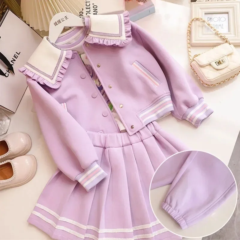 

Girls JK Skirt Suit Clothes Autumn New Children's Cute Cartoon Lapel Collar Jacket Pleated Skirt / Pants 2 PCS Japanese Student