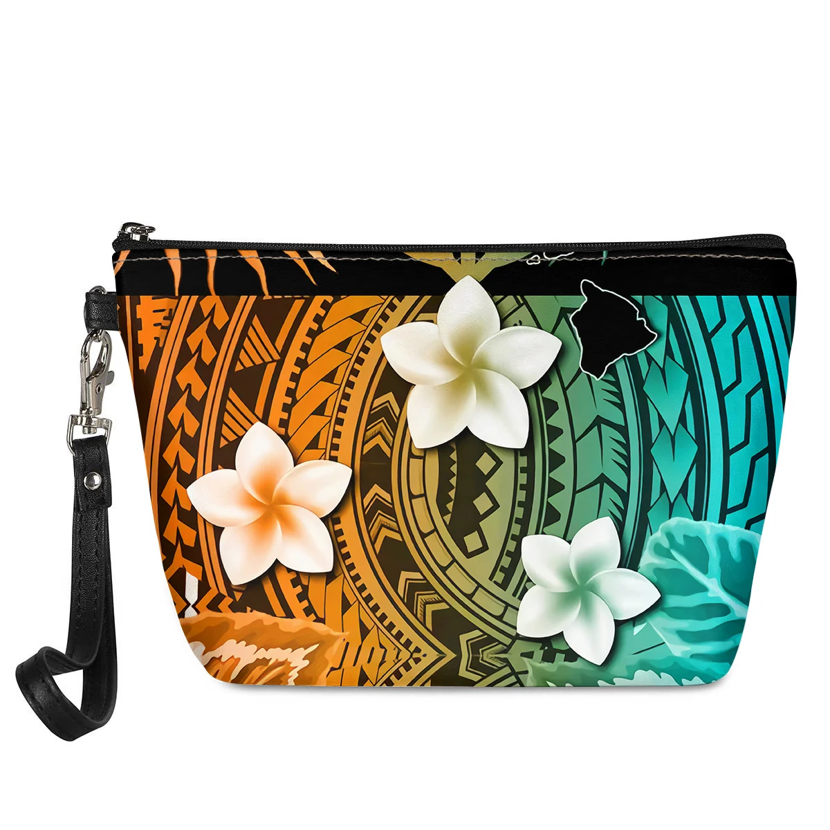 Small Cosmetic Bags Polynesian Tribes Plumeria Print Leather Makeup Case For Women Travel Mini Make Up Bag Ladies Storage Pouch